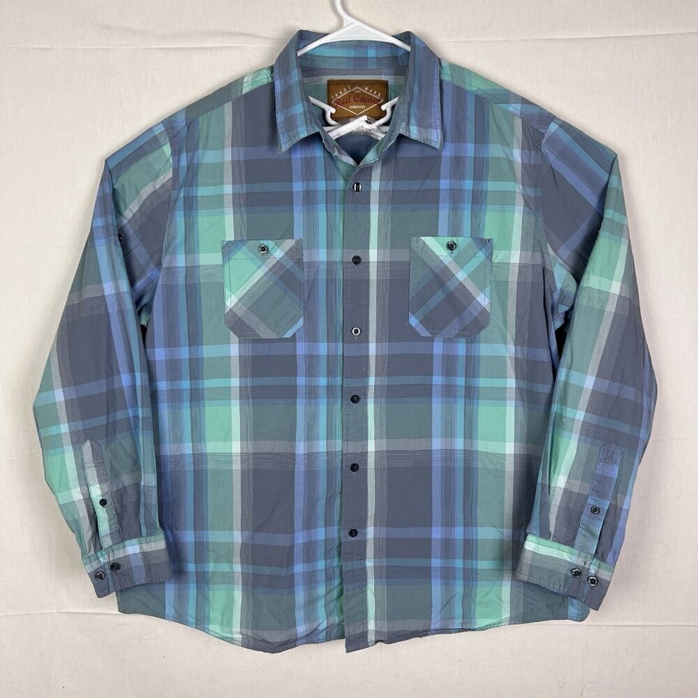 Red Camel Men's XXL Blue Green Plaid Long Sleeve‎ Button Up Shirt